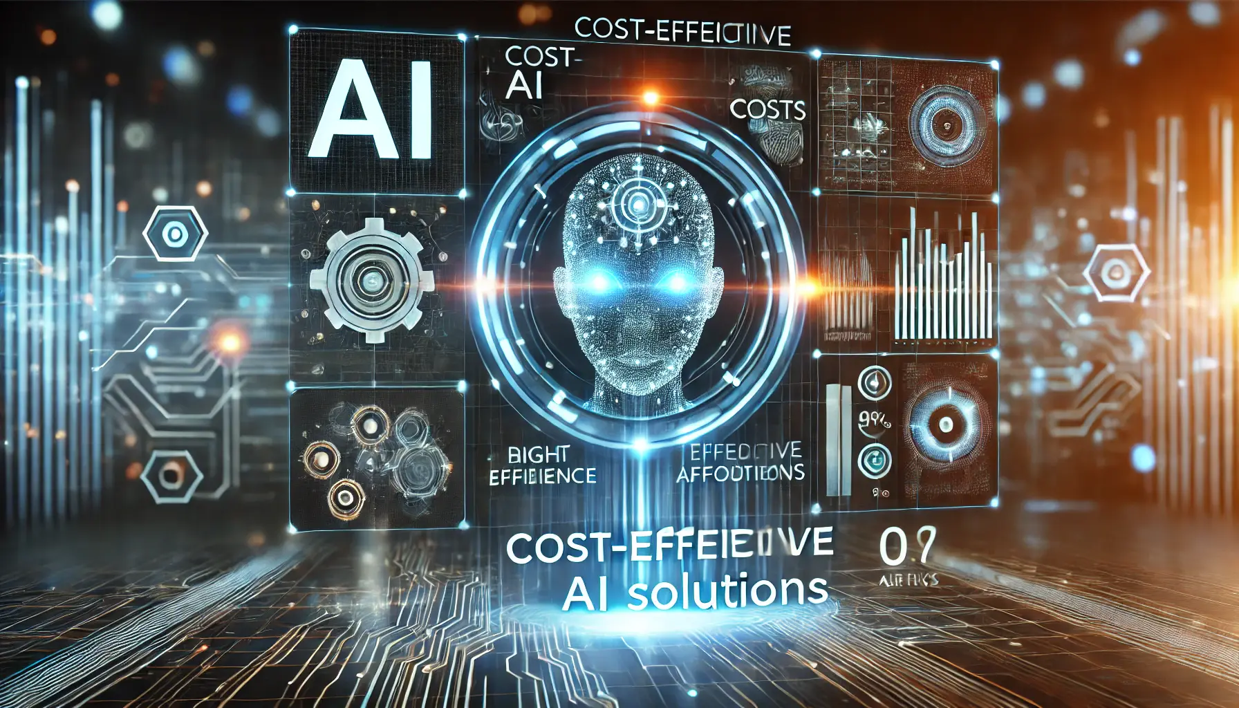 A futuristic AI-powered financial dashboard with glowing circuits and data-driven analytics, symbolizing cost-effective AI optimization.