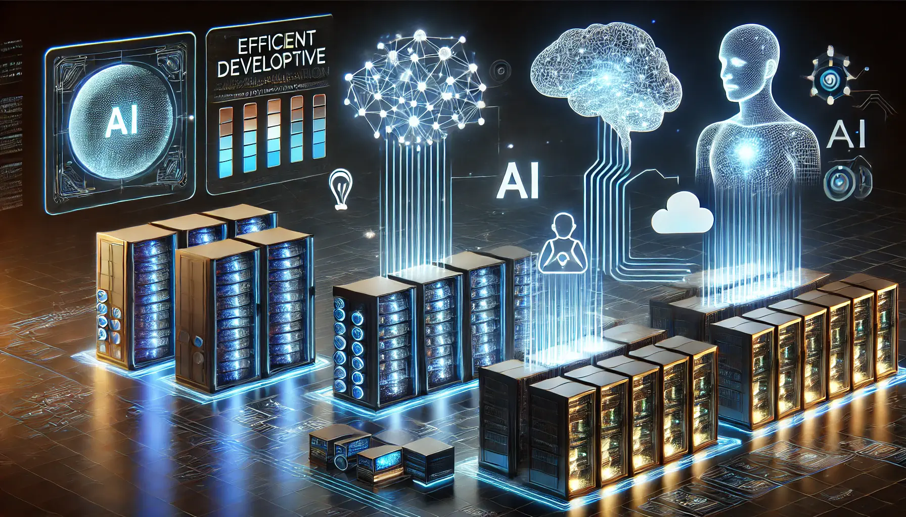 A futuristic AI-powered data center with glowing servers and streamlined neural networks, symbolizing cost-effective development and efficient deployment.