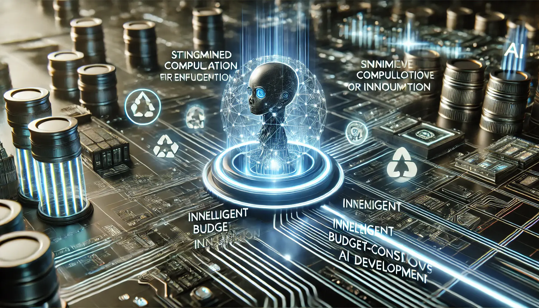 A futuristic AI system being optimized for efficiency with minimal resource consumption, represented by streamlined computational flows and sustainable energy use.