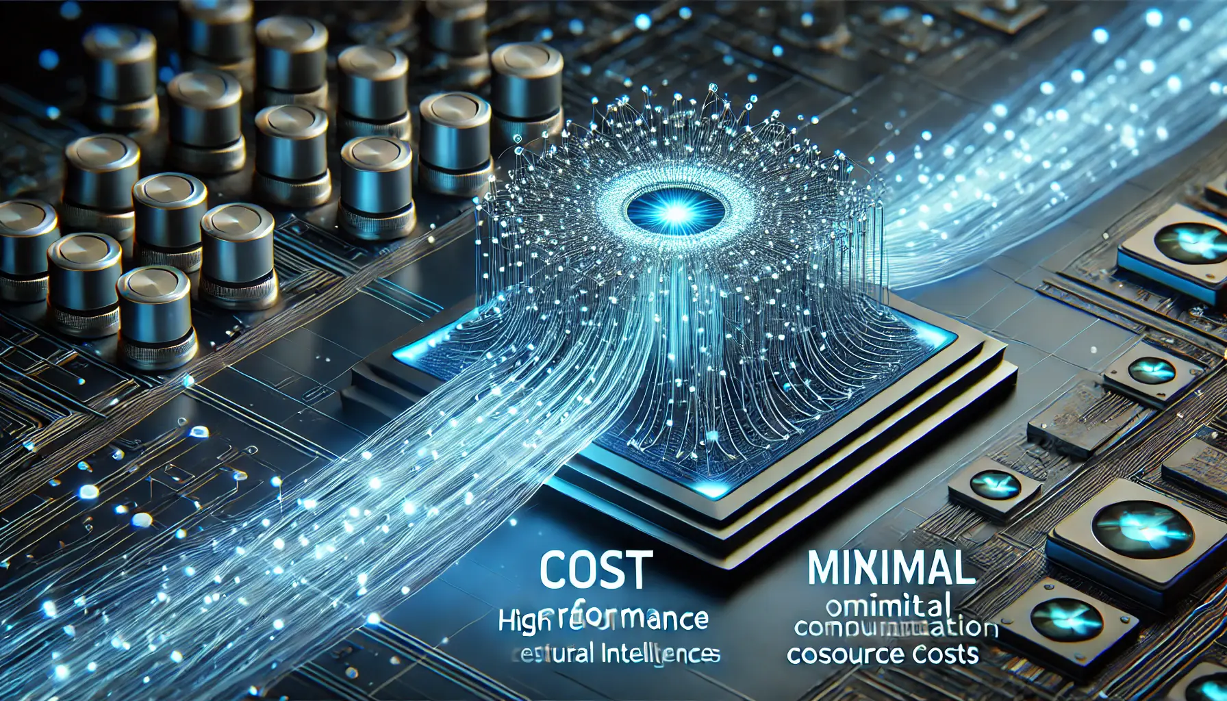 A futuristic AI visualization depicting cost-effective performance with an optimized neural network processing data efficiently.