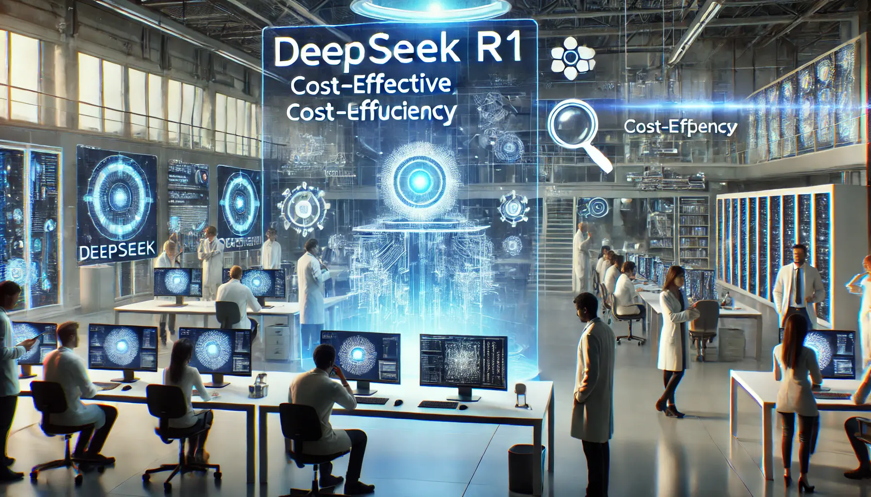 A futuristic AI development lab with diverse researchers collaborating and holographic displays of DeepSeek R1's cost-efficiency and architecture.