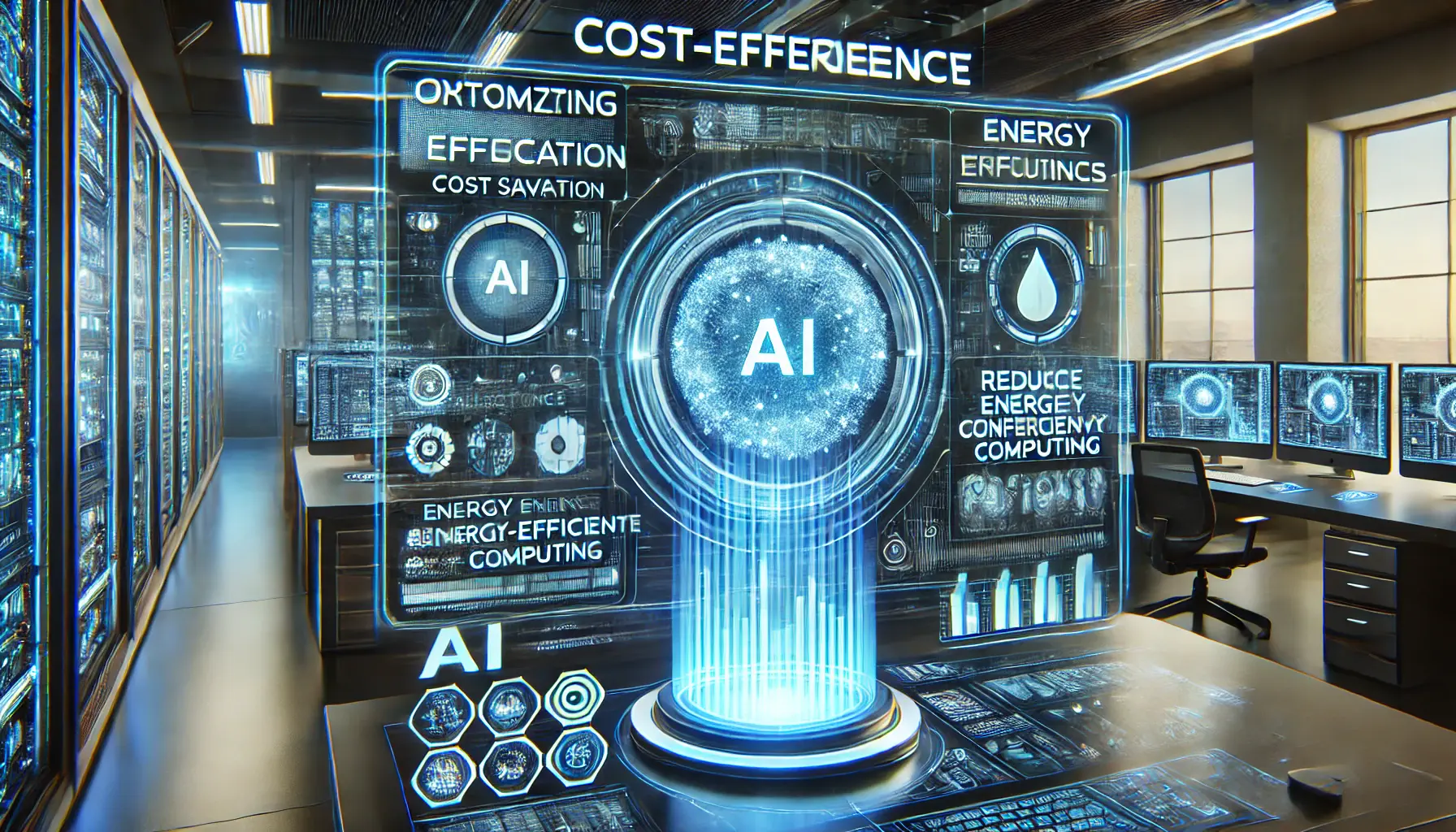 A futuristic AI-powered workspace optimizing resource allocation and computational efficiency with holographic analytics displays.