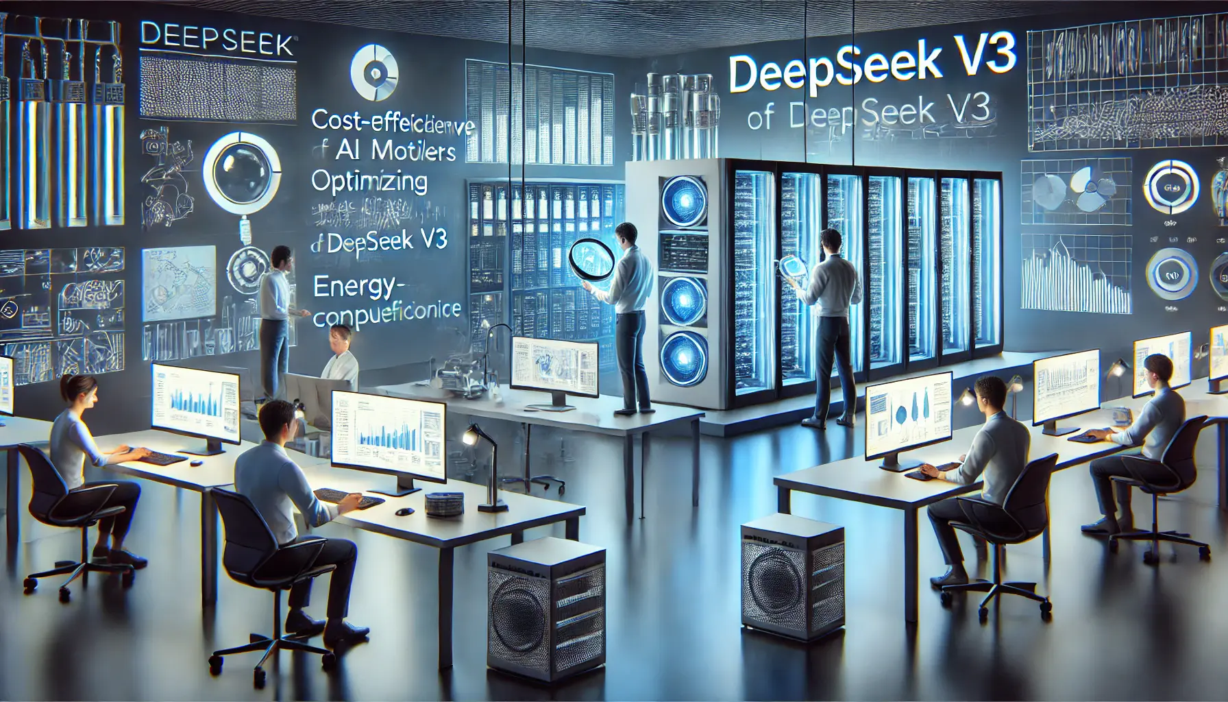 A modern AI lab showcasing the cost-effectiveness of DeepSeek v3 with engineers optimizing AI models on energy-efficient machines.