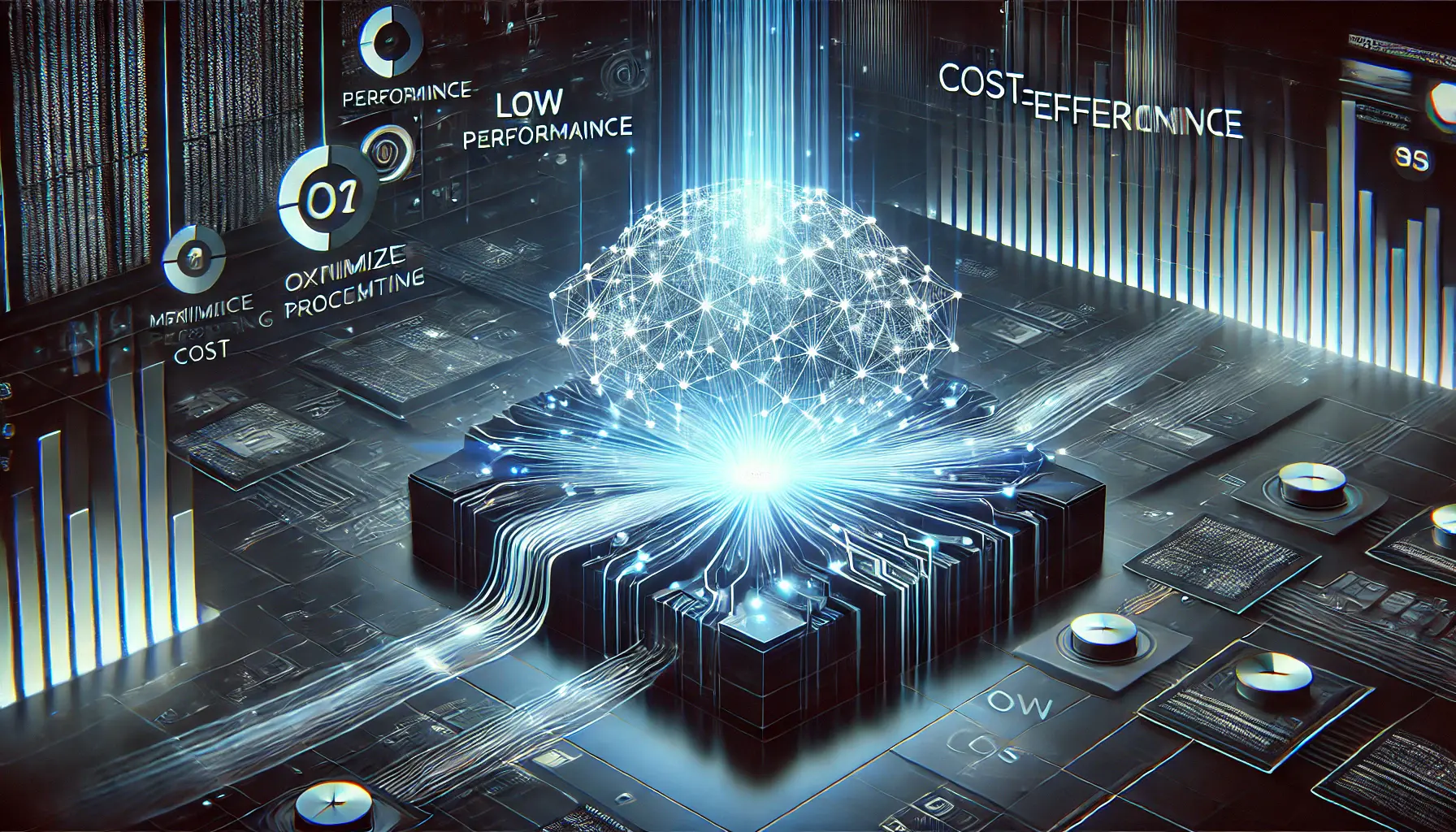 A futuristic visualization representing cost-effectiveness in AI systems, with optimized neural networks and smooth-flowing glowing data streams.