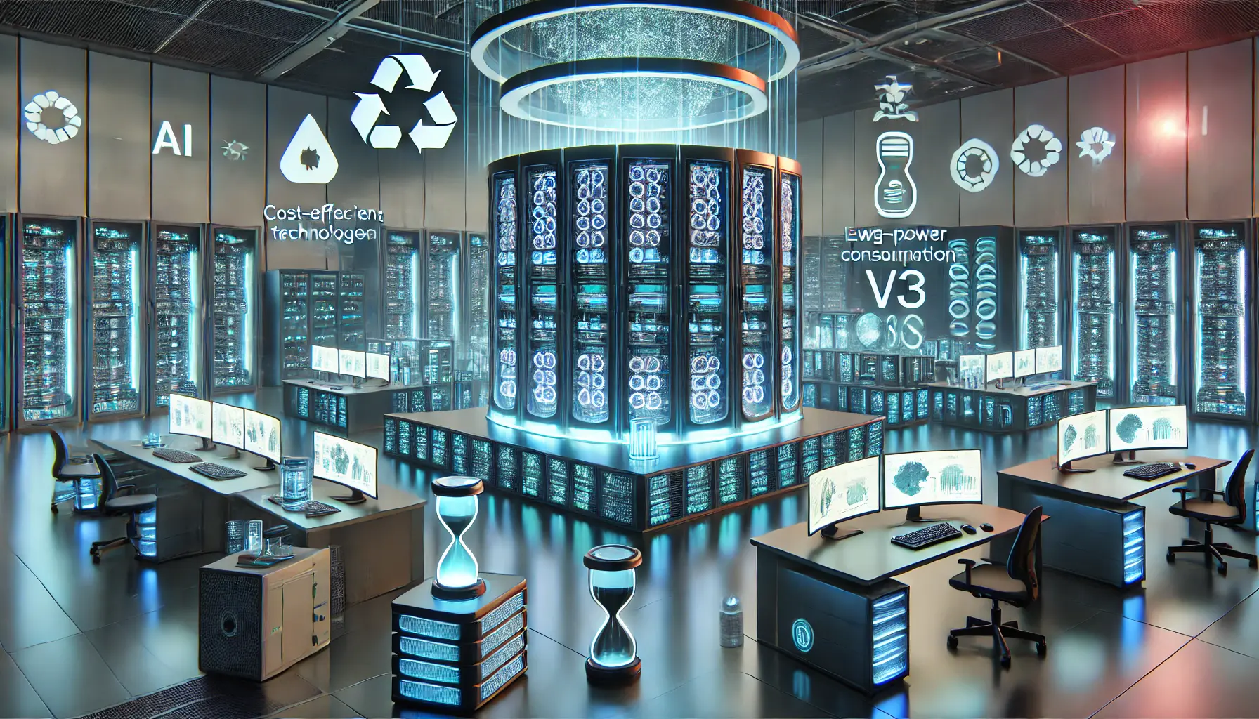 A futuristic data center showcasing cost-efficient AI deployment with compact, energy-efficient servers and low-power consumption systems.