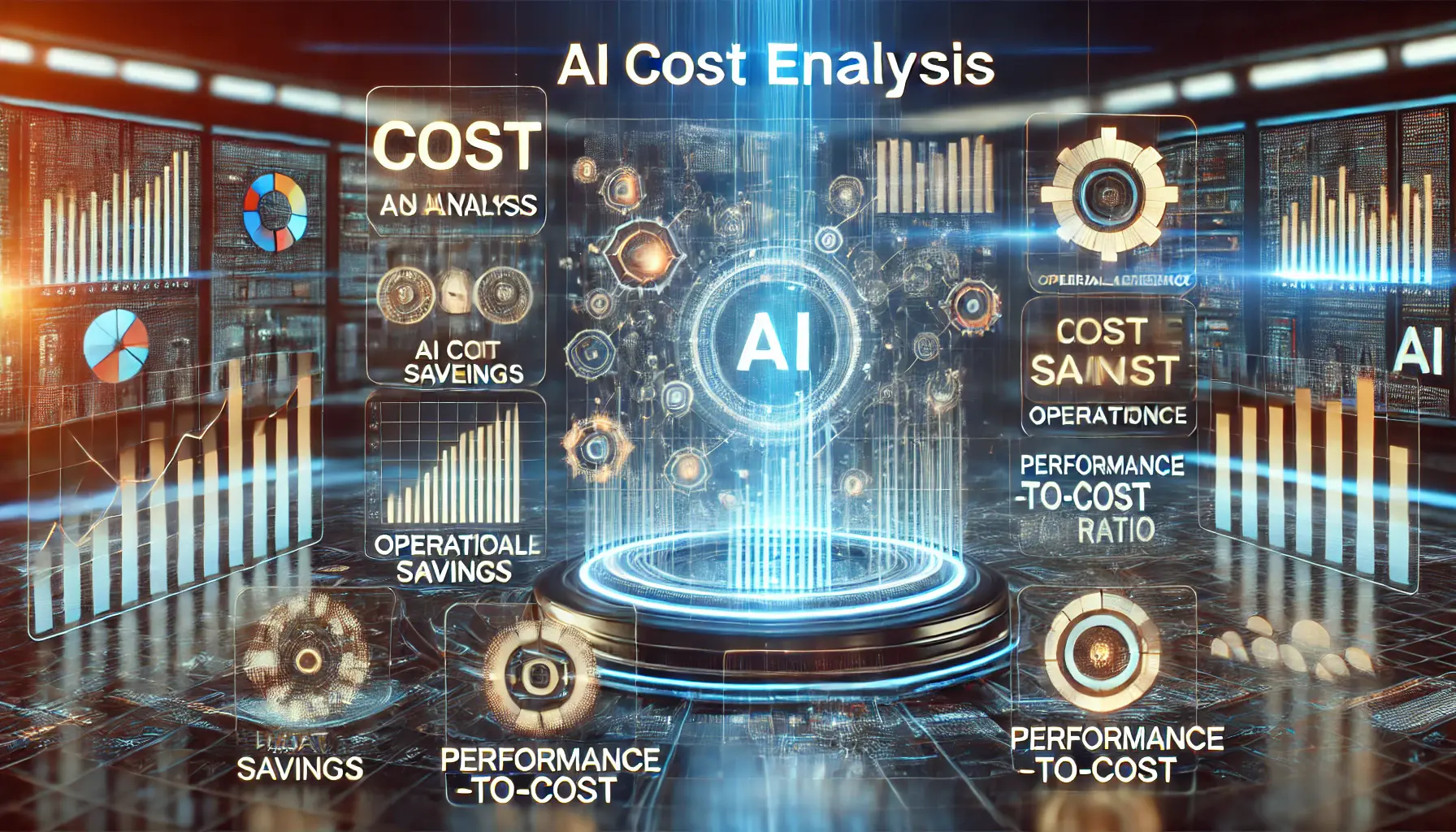 A futuristic digital dashboard displaying AI cost analysis, operational savings, and performance-to-cost ratio with holographic graphs and charts in a high-tech setting.