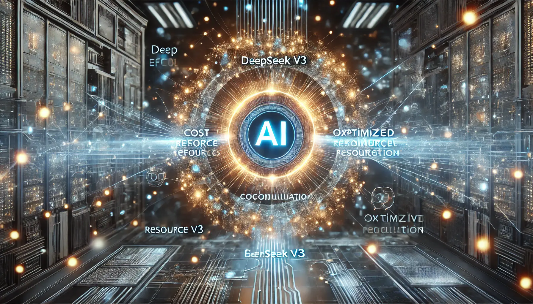 A futuristic visualization of an AI core efficiently utilizing resources, surrounded by interconnected circuits and energy flows symbolizing optimized data processing.