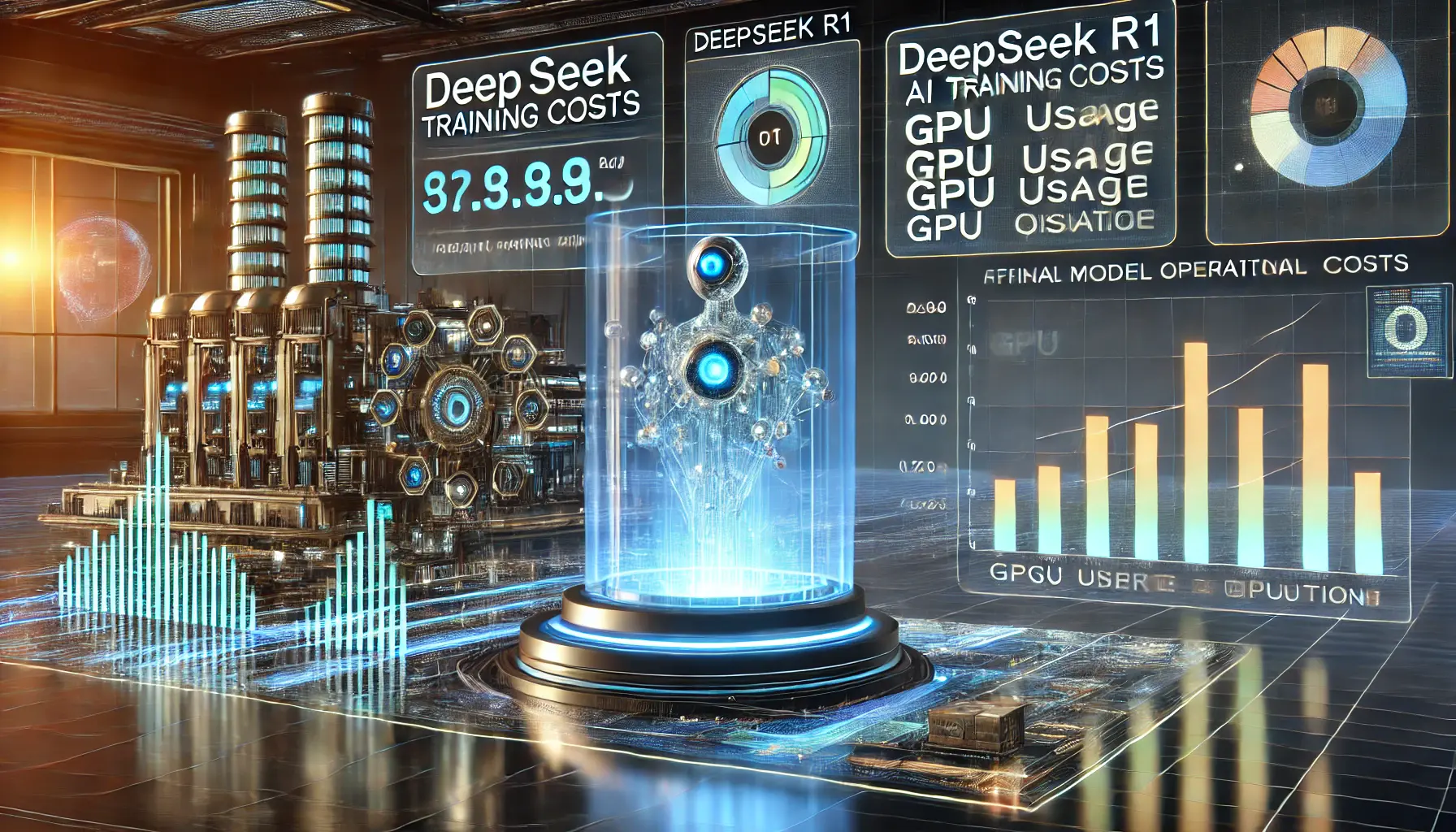 A futuristic AI cost analysis scene illustrating the efficiency of DeepSeek R1's training and operational expenses. The image features a high-tech financial dashboard with holographic charts comparing AI model training costs, GPU usage, and energy consumption. A sleek digital lab environment with glowing data streams and AI cores represents cost-effective computing. The background showcases a cutting-edge AI research facility symbolizing technological innovation and budget-conscious AI development.