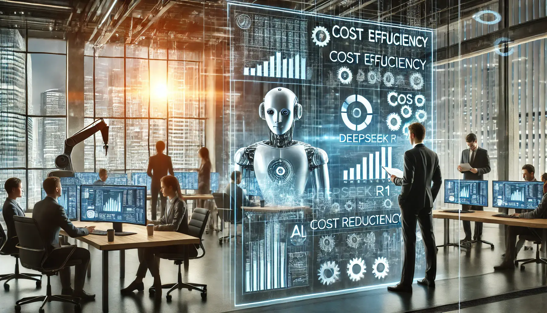 High-tech business environment showcasing AI-driven cost efficiency through resource optimization and automation.