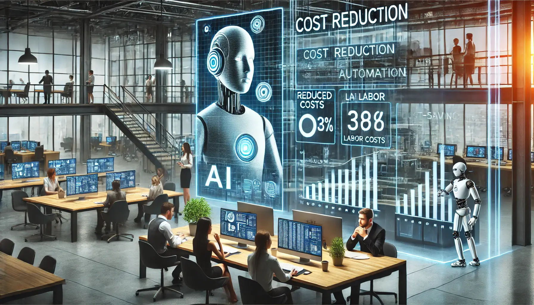 A modern office environment where AI automation reduces costs by optimizing workflows and resource usage.