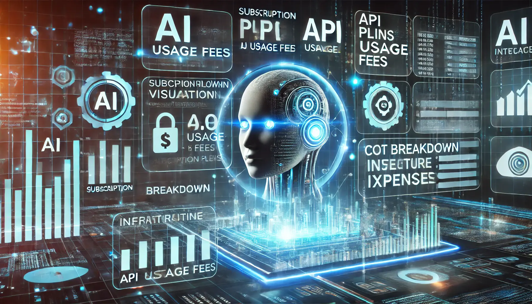 A futuristic financial dashboard displaying AI-related costs, including subscription plans, API usage fees, and infrastructure expenses.