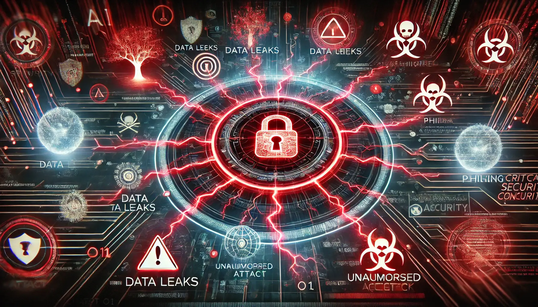 A digital concept featuring a central glowing security breach with warning signals and threats like data leaks, phishing, and malware attacks.