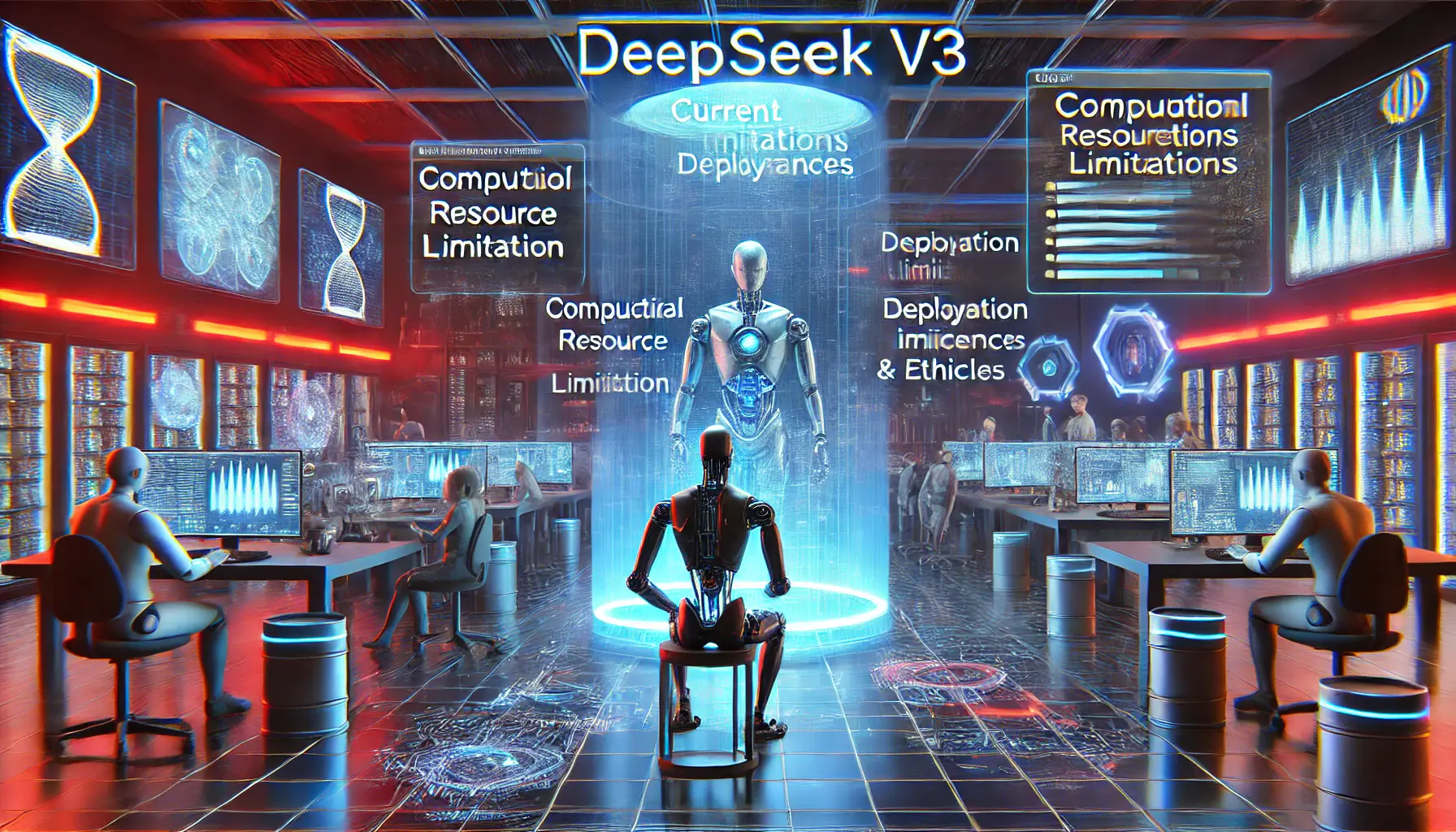 Futuristic AI development lab analyzing computational constraints, deployment inefficiencies, and ethical concerns.