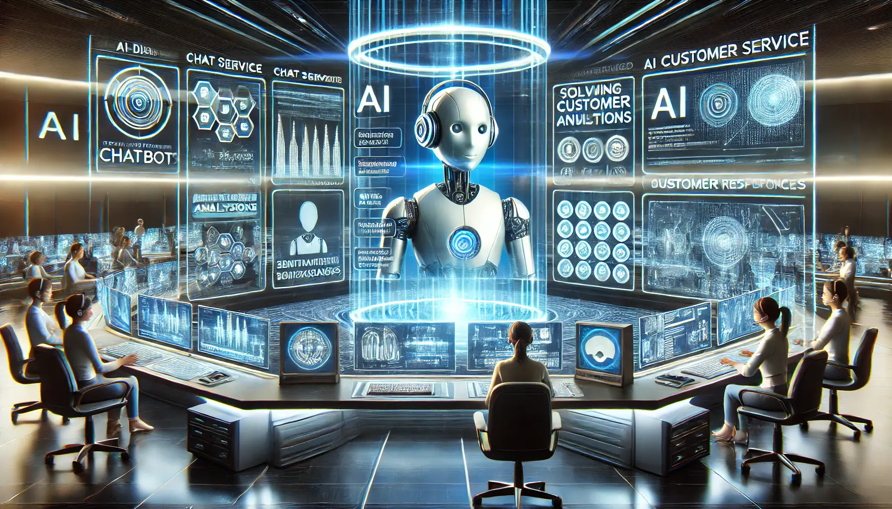 A futuristic control room with holographic screens displaying AI chatbot interactions with customers, providing real-time assistance and personalized recommendations. The scene emphasizes the role of AI in customer service.