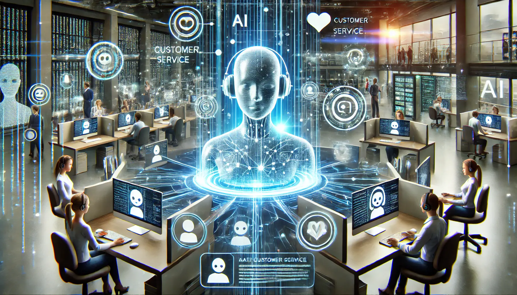 A futuristic visualization of AI-driven customer service, featuring digital avatars of chatbots and automated customer interactions.