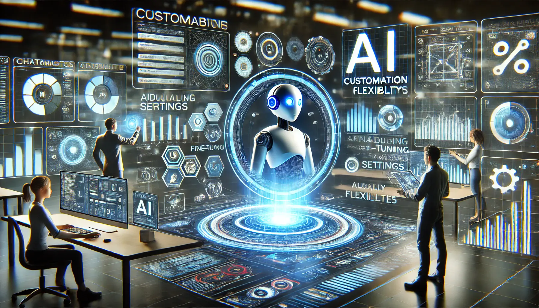 A futuristic AI system with developers fine-tuning settings and adjusting chatbot responses using holographic controls in a high-tech environment.