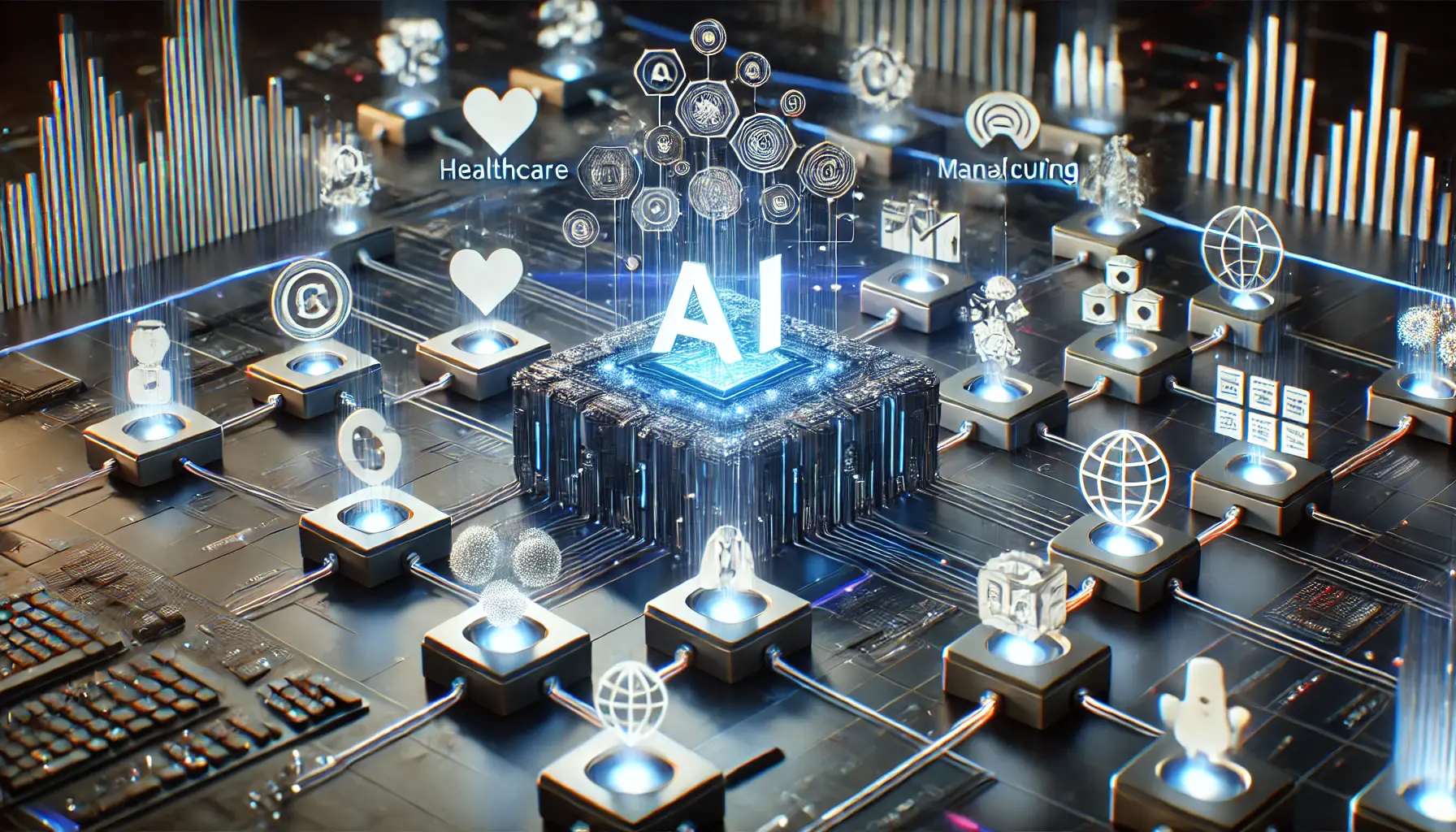 A futuristic digital environment visualizing a modular AI system tailored for specific industries like healthcare, finance, and manufacturing.