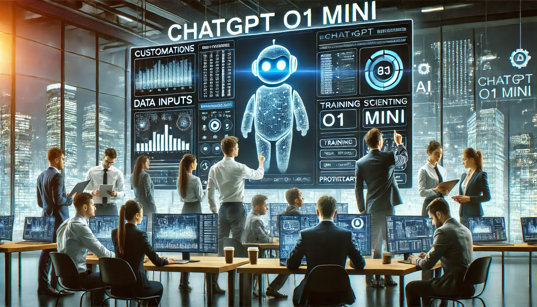 A business team working on customizing ChatGPT o1 mini for specific business needs, adjusting AI parameters and training the model with proprietary data.