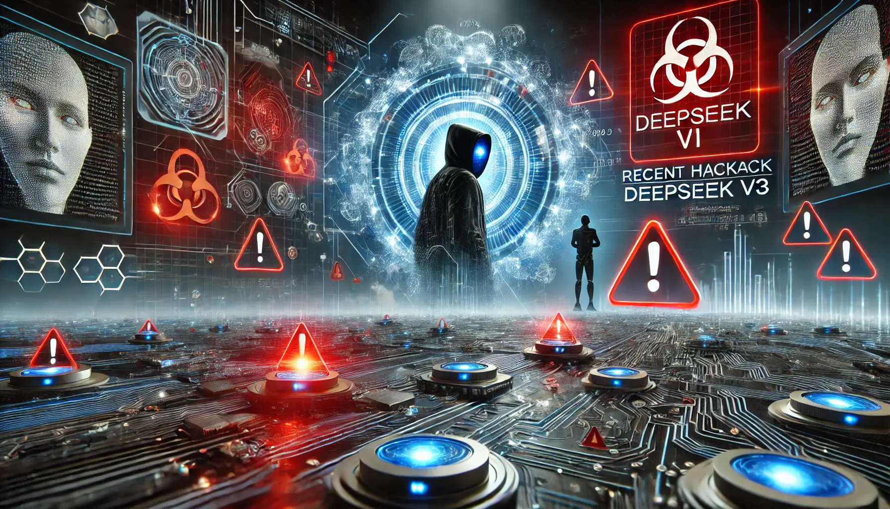 A futuristic AI system under cyberattack with red warning alerts, cascading data breaches, and a hacker silhouette in the background.