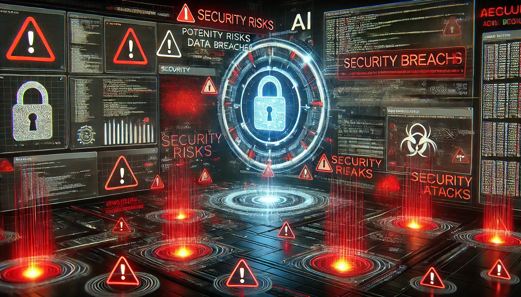 A futuristic AI security interface displaying hacking attempts, data breaches, and malicious attacks with red warning alerts and encrypted code being intercepted.