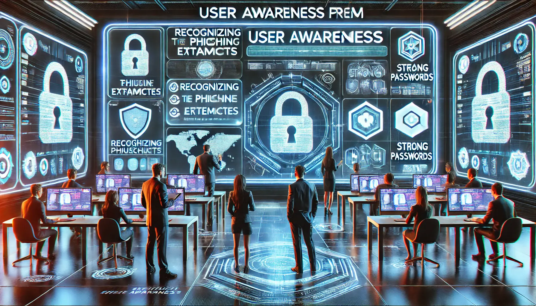 A futuristic cybersecurity training environment showing professionals participating in a user awareness program with interactive digital screens.