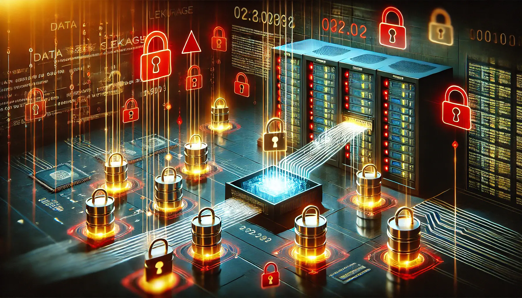 A digital security scene showing the risks of data leakage, with sensitive data being intercepted by malicious actors.