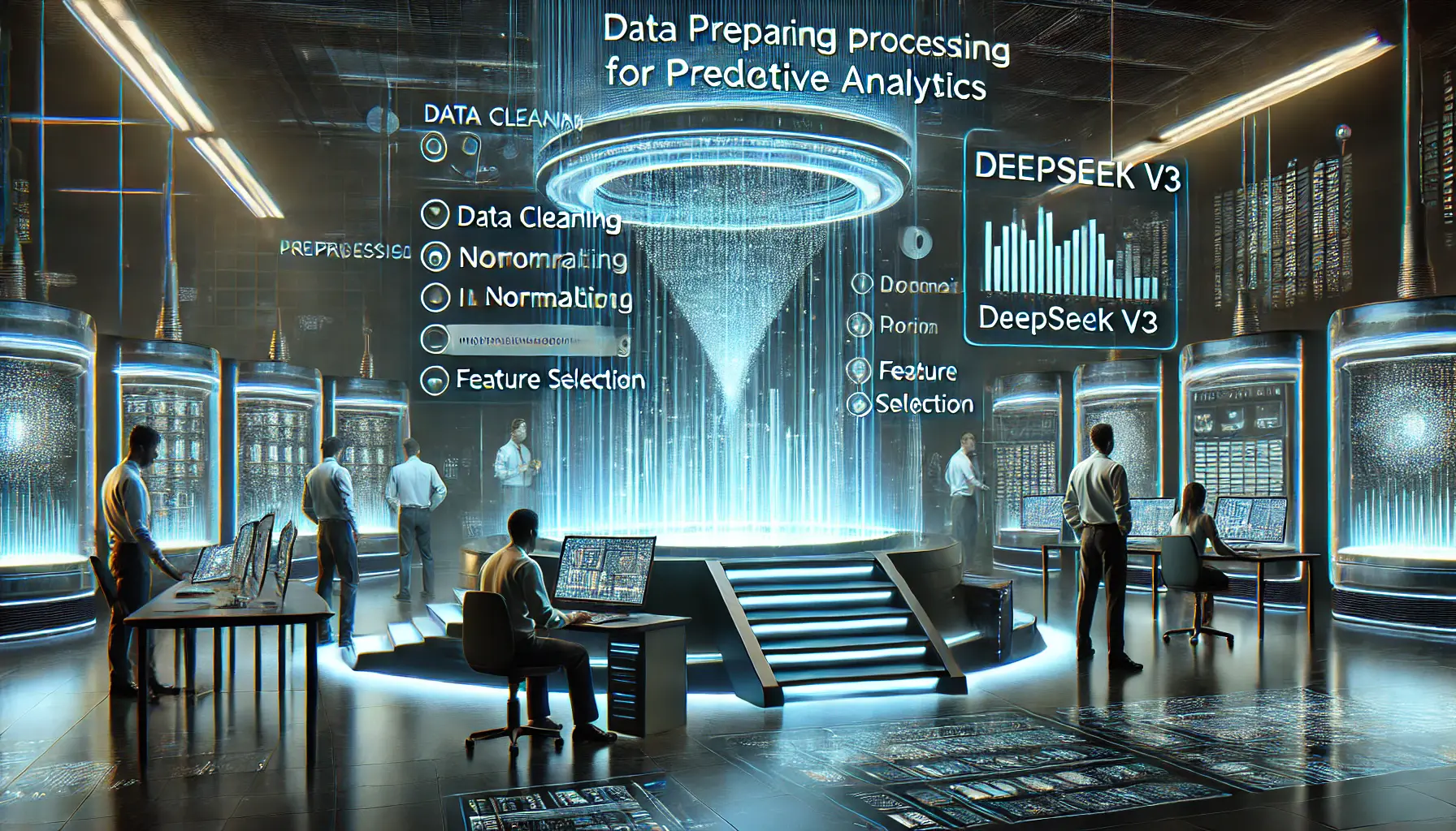 A high-tech data preprocessing lab with glowing data streams and holographic screens showing data cleaning, normalization, and feature selection.