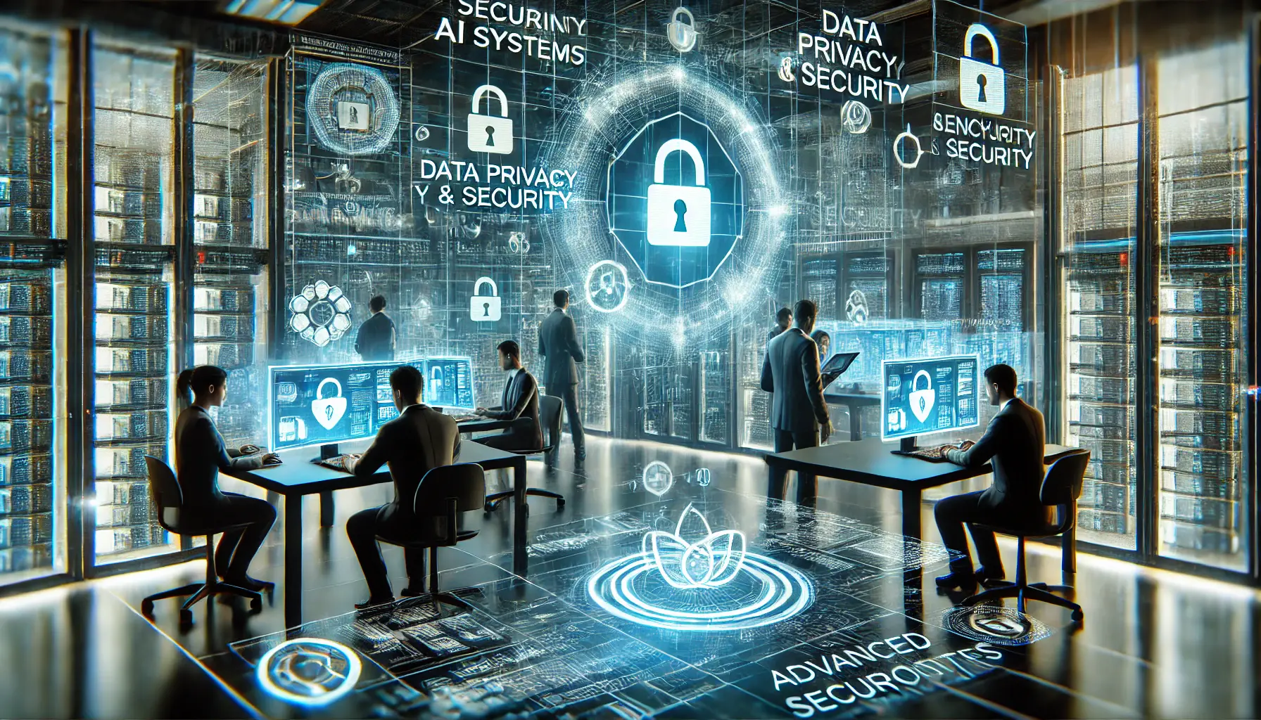 A high-tech cybersecurity environment with professionals working on securing AI systems, showing encrypted data and security protocols.