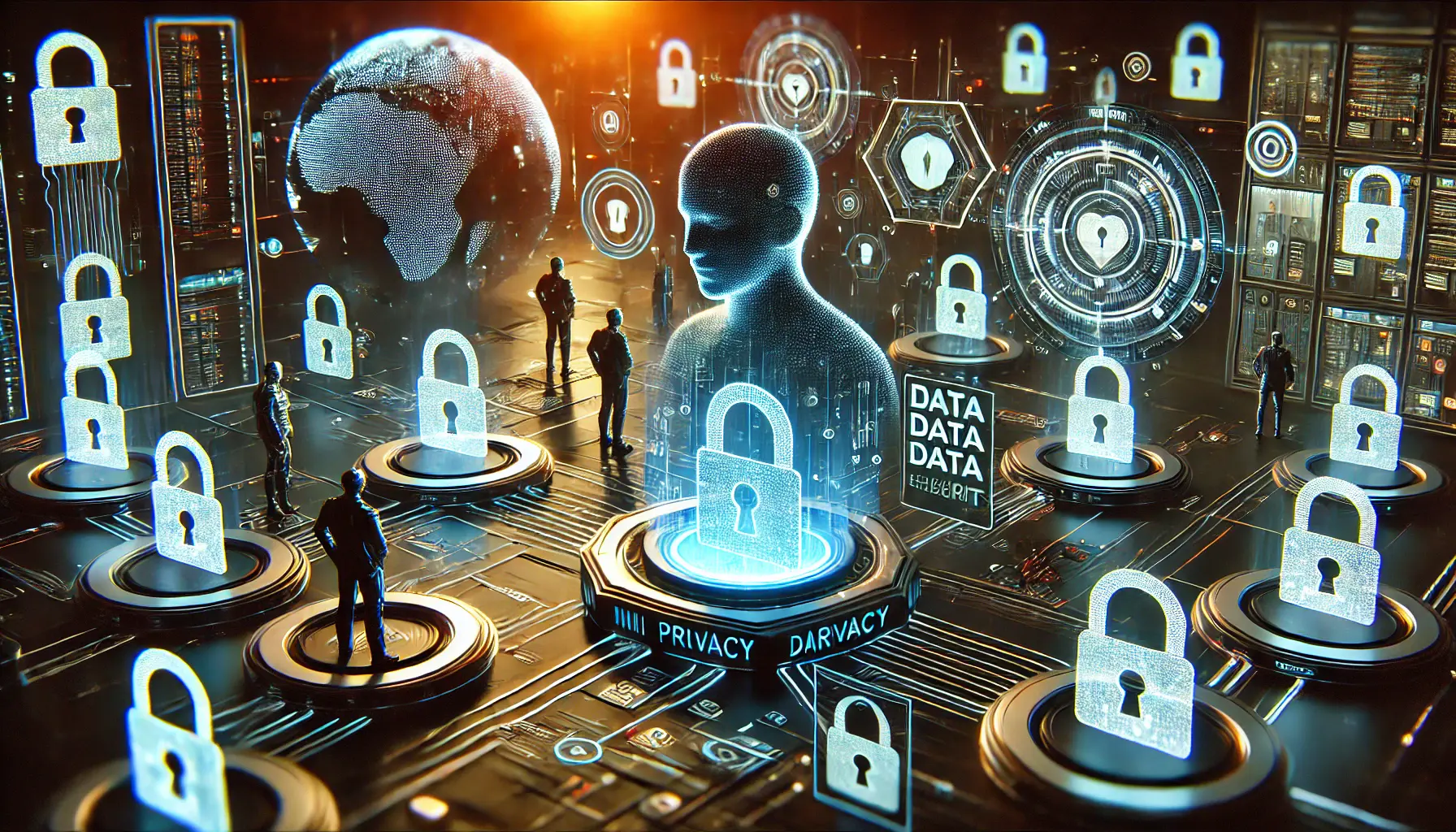 A futuristic depiction of data privacy and security concerns, with encrypted data streams, digital locks, firewalls, and data protection experts analyzing the AI system.