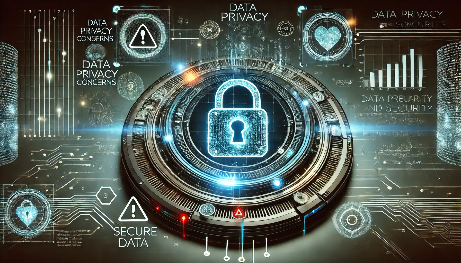 A digital lock with encryption symbols and a secure shield protecting sensitive data, highlighting data privacy and security concerns in AI systems.