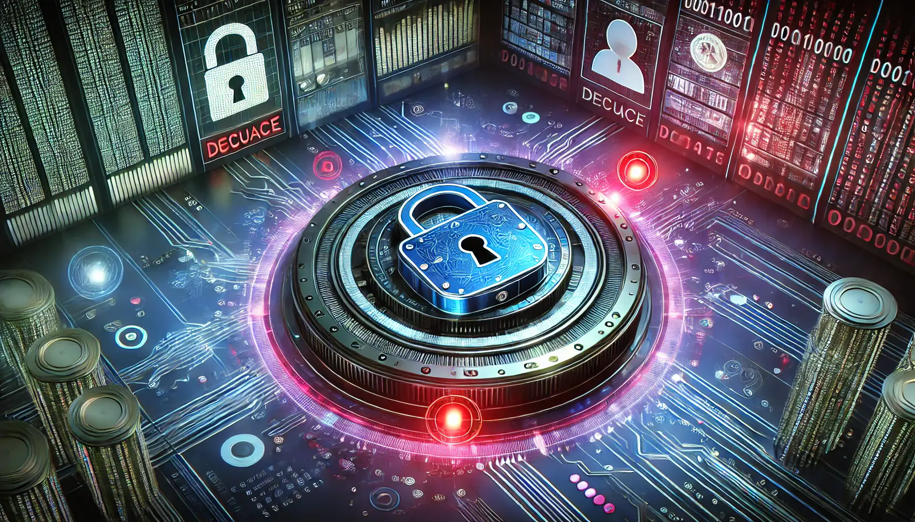 A digital concept featuring a secure vault and encryption symbol surrounded by glowing data streams, representing data privacy concerns.