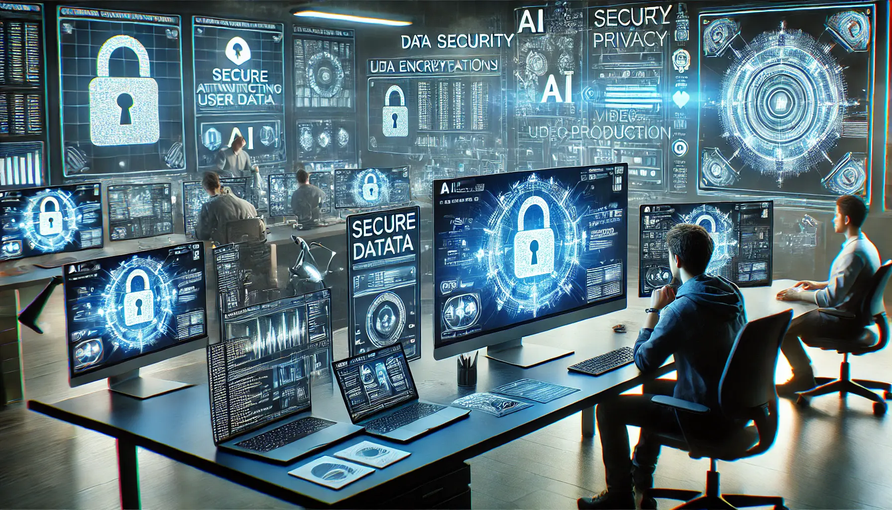 A futuristic digital workspace with an AI system analyzing encrypted user data while ensuring privacy and security.