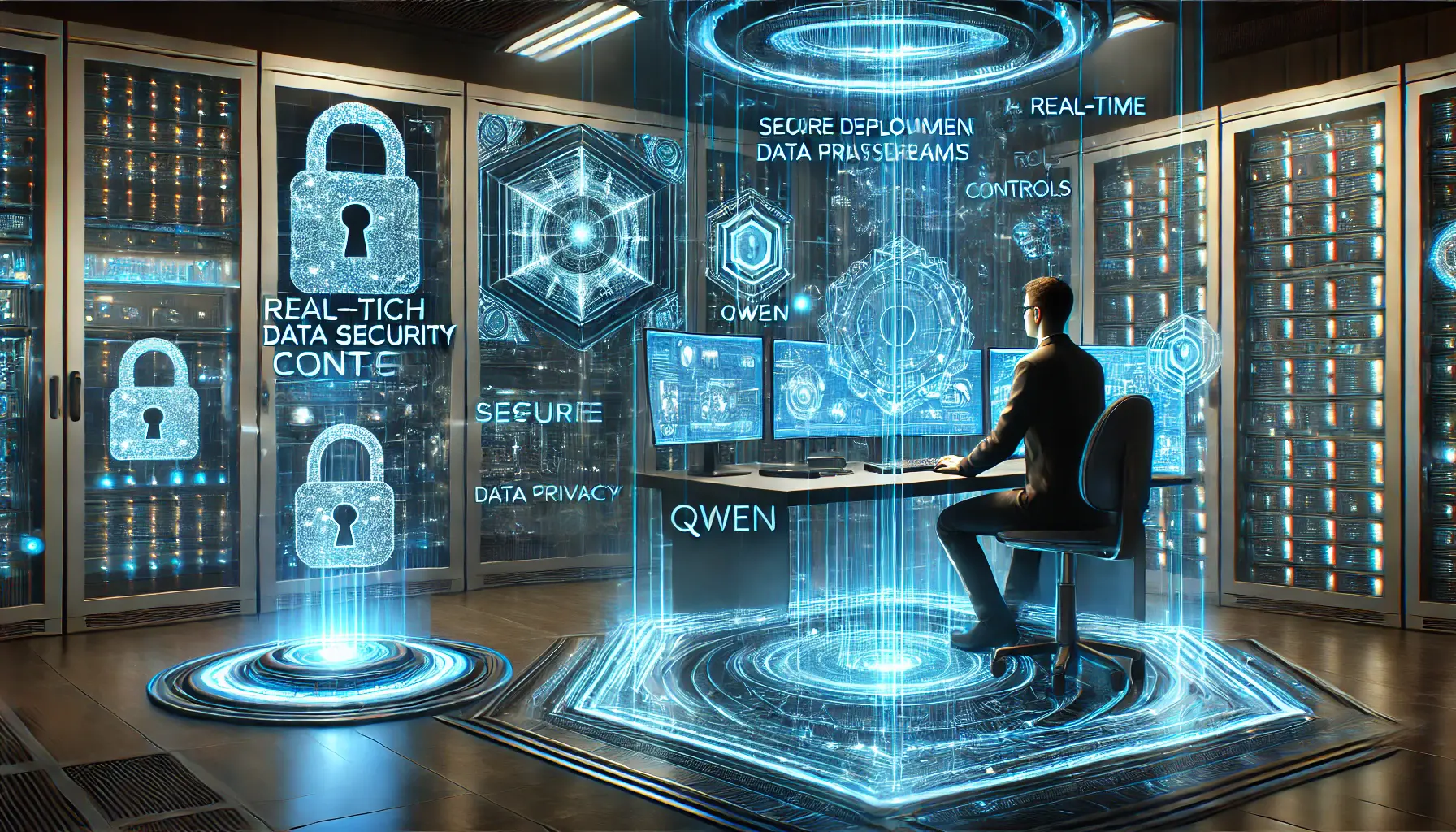 A high-tech data security environment with an AI-driven system analyzing encrypted data streams, featuring holographic security shields and a professional monitoring real-time privacy controls.