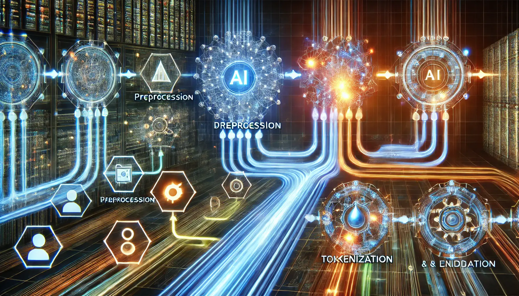 A futuristic representation of AI data processing pipelines, showing dynamic data flowing through interconnected channels representing preprocessing, tokenization, and encoding stages.