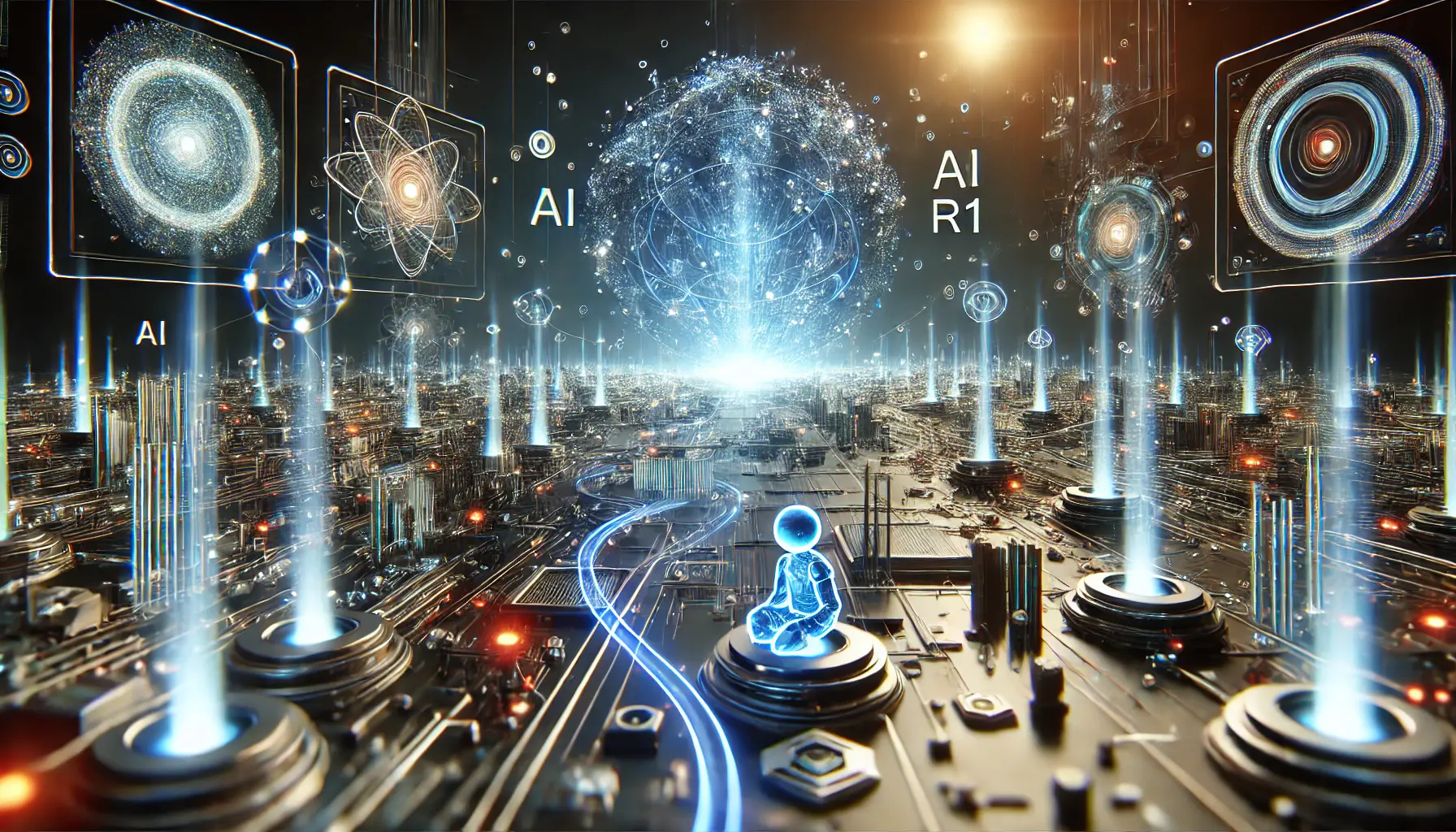 A digital environment with interconnected AI nodes and glowing data pathways symbolizing the flow of information and answers related to DeepSeek R1.