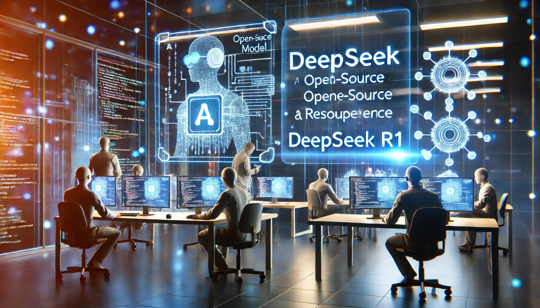 A modern open-source development environment where engineers interact with holographic displays showing the affordable and resource-efficient features of DeepSeek R1.