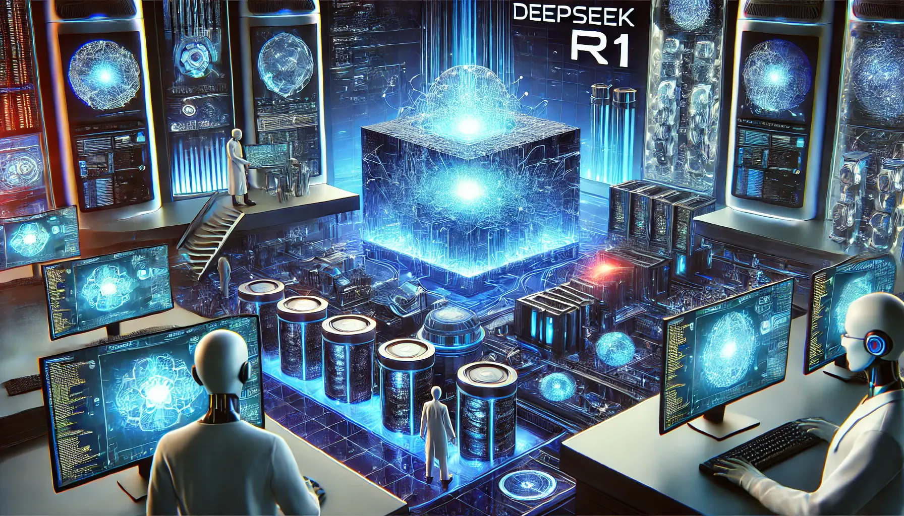 A futuristic AI research lab featuring powerful AI processors, a glowing neural network, and holographic data analysis screens.