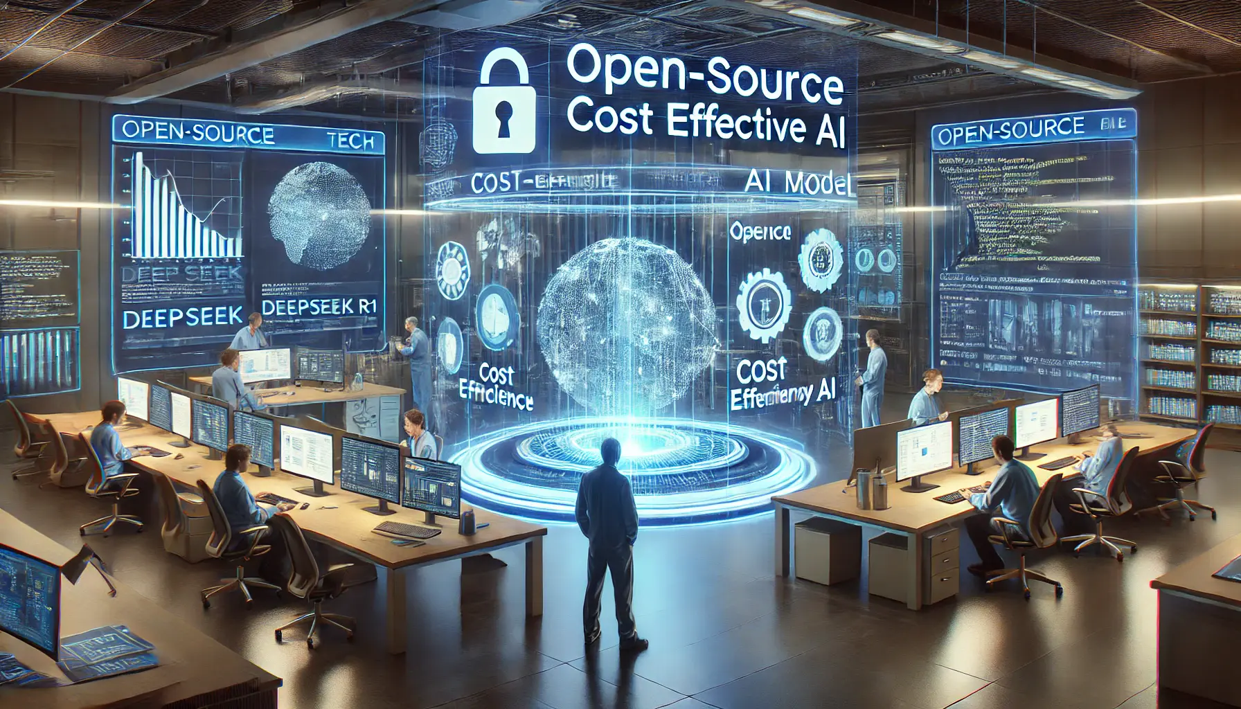 A modern open-source tech workspace with engineers using DeepSeek R1 for cost-effective AI applications, featuring holographic displays of code and cost efficiency metrics.