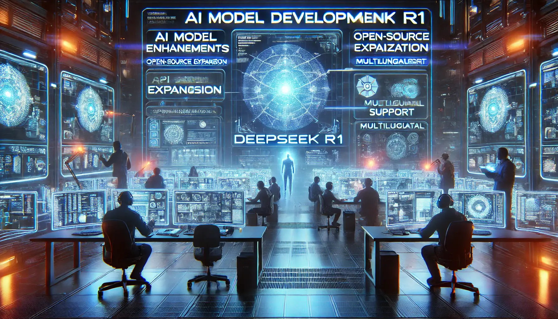 A futuristic tech environment with engineers interacting with holographic displays outlining the development roadmap for DeepSeek R1.