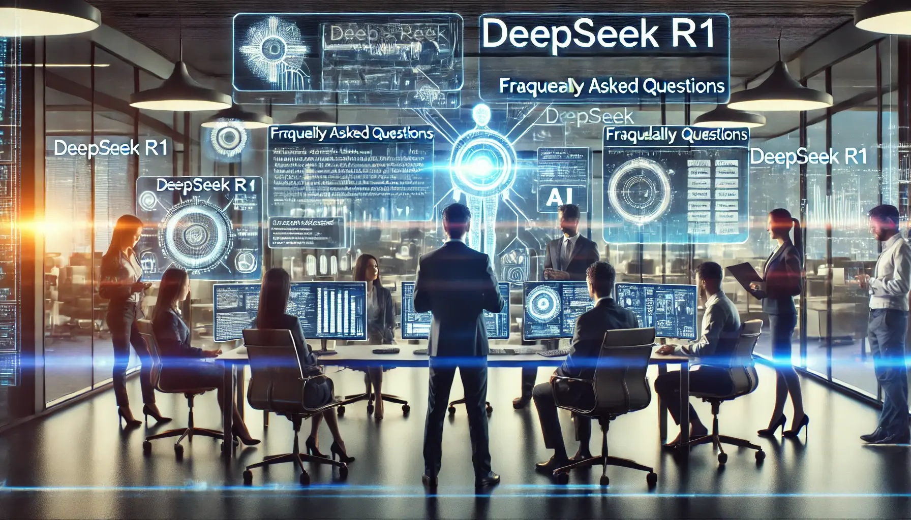 Experts collaborating in a professional office, discussing frequently asked questions about DeepSeek R1 and its capabilities.