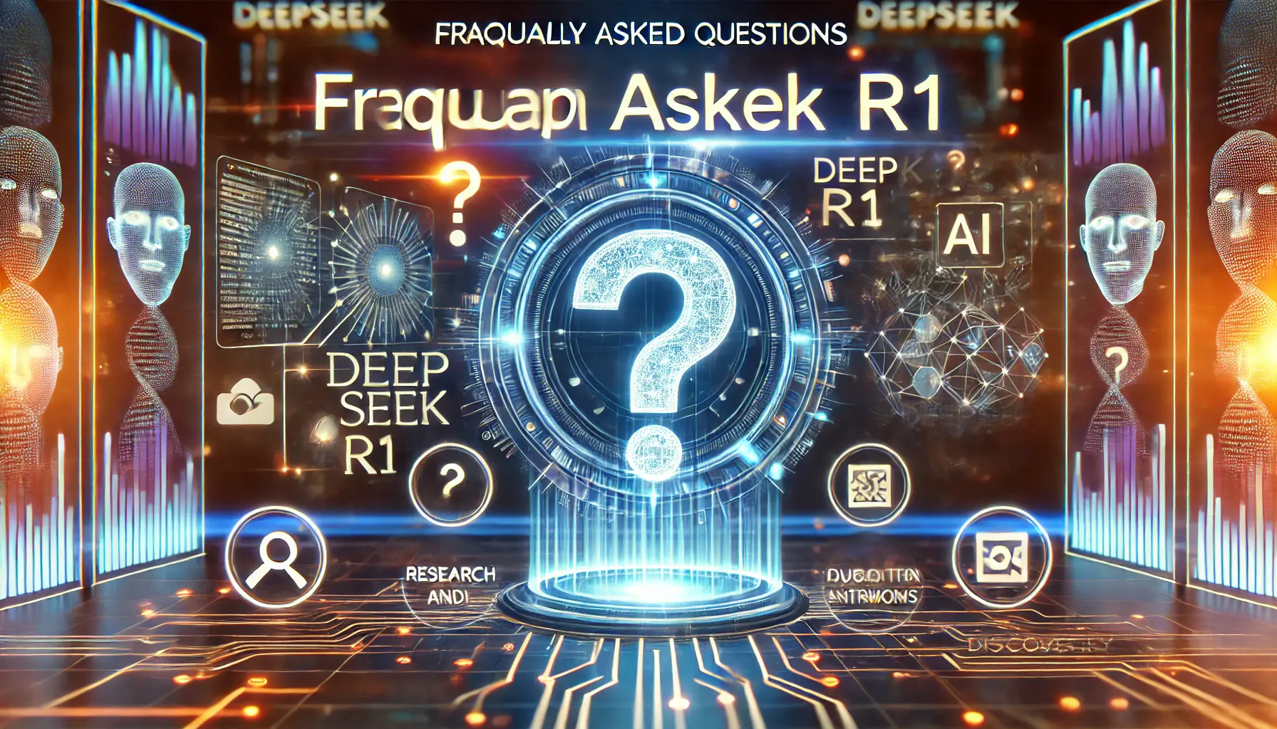 A futuristic digital scene symbolizing the frequently asked questions about DeepSeek R1. The image features an advanced AI model surrounded by a holographic interface with glowing data streams and question mark symbols, representing the curiosity and inquiries surrounding the model. The scene conveys the process of exploring and seeking answers about DeepSeek R1’s capabilities and impact. In the background, abstract representations of research, analysis, and discovery are symbolized by interconnected nodes and digital elements.