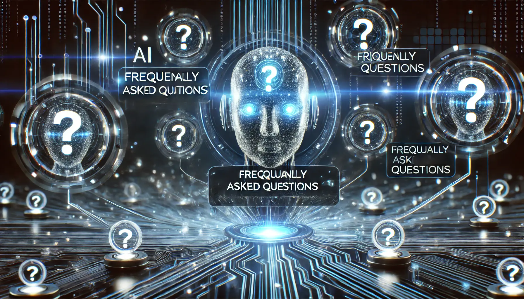 A futuristic AI system surrounded by floating digital elements, symbolizing frequently asked questions and AI's ability to process queries.