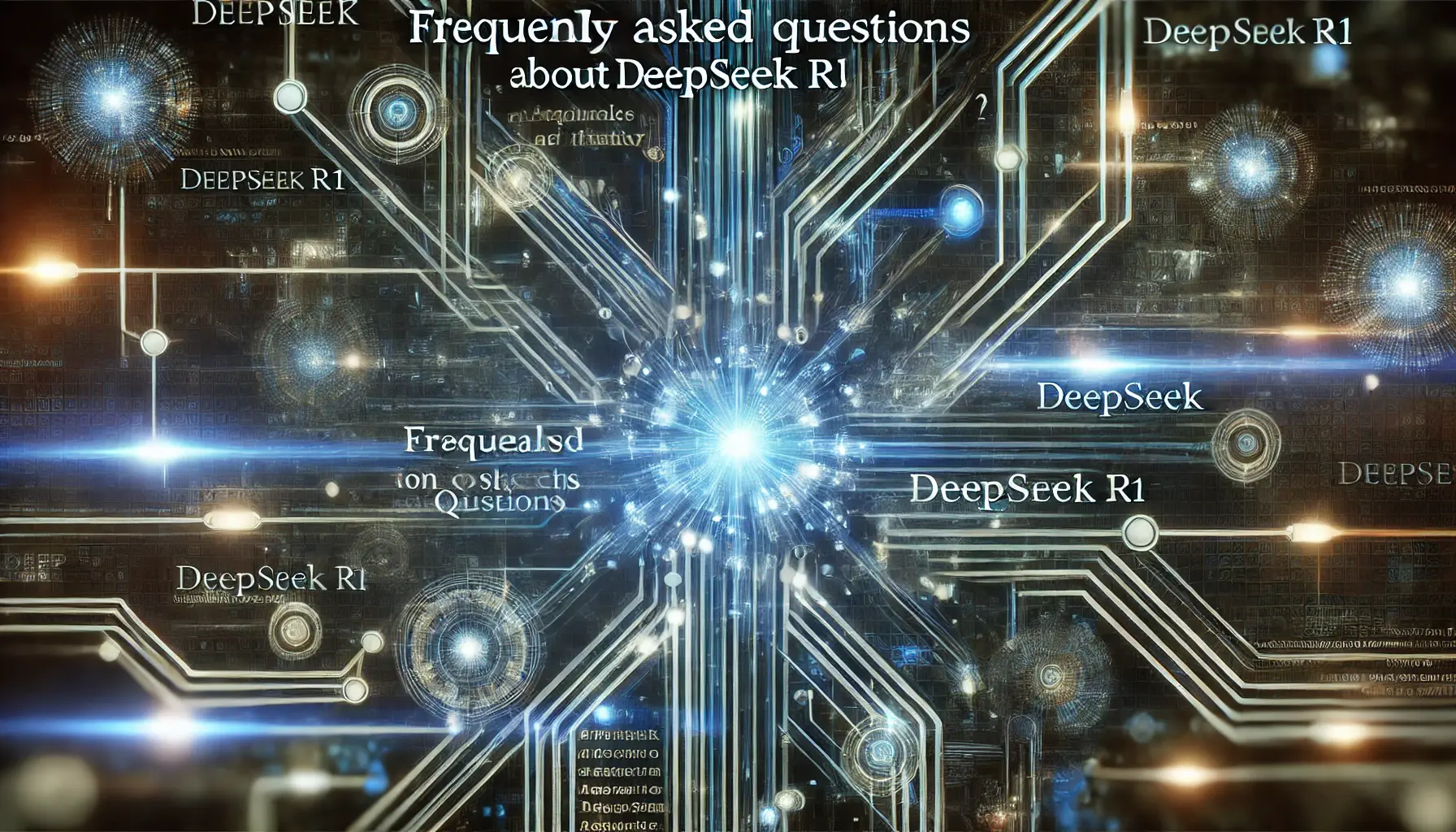 A futuristic visualization showing the flow of information and knowledge exchange in AI systems, symbolizing frequently asked questions.