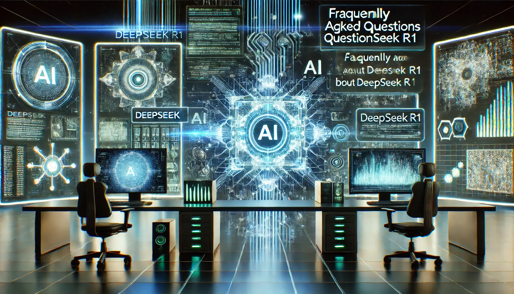 A futuristic AI environment displaying system configurations and neural network visualizations, symbolizing transparency in answering FAQs about DeepSeek R1.