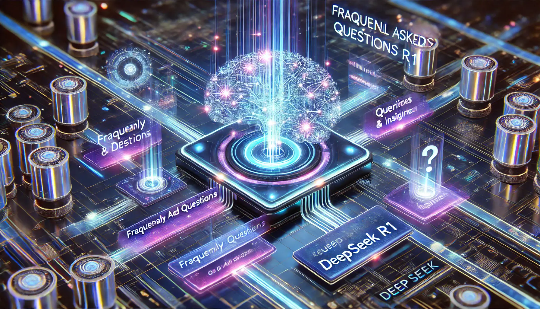 A high-tech depiction of DeepSeek R1, symbolizing frequently asked questions with glowing neural networks, digital data flows, and interactive holographic displays representing insights and inquiries.