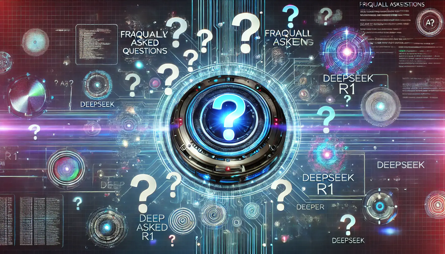 A futuristic AI system surrounded by holographic question marks, symbolizing inquiry and exploration about DeepSeek R1.