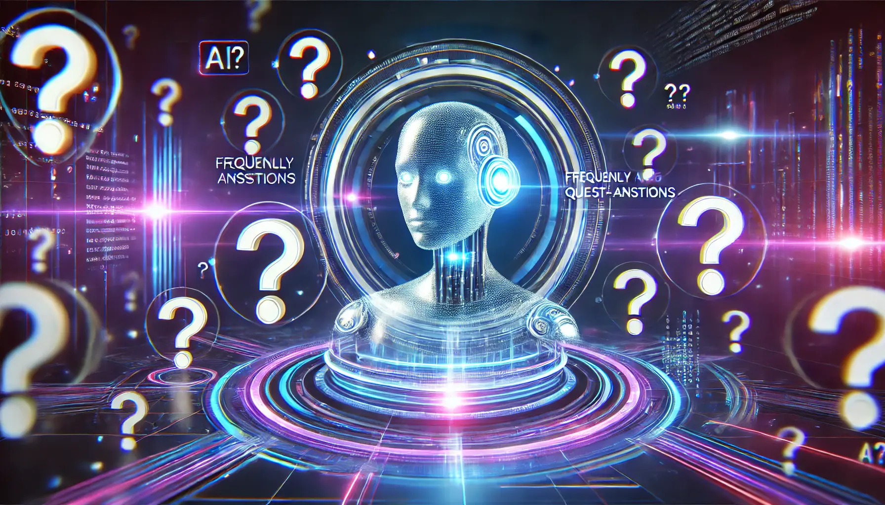 A futuristic AI model surrounded by holographic question marks, symbolizing the process of answering frequently asked questions.