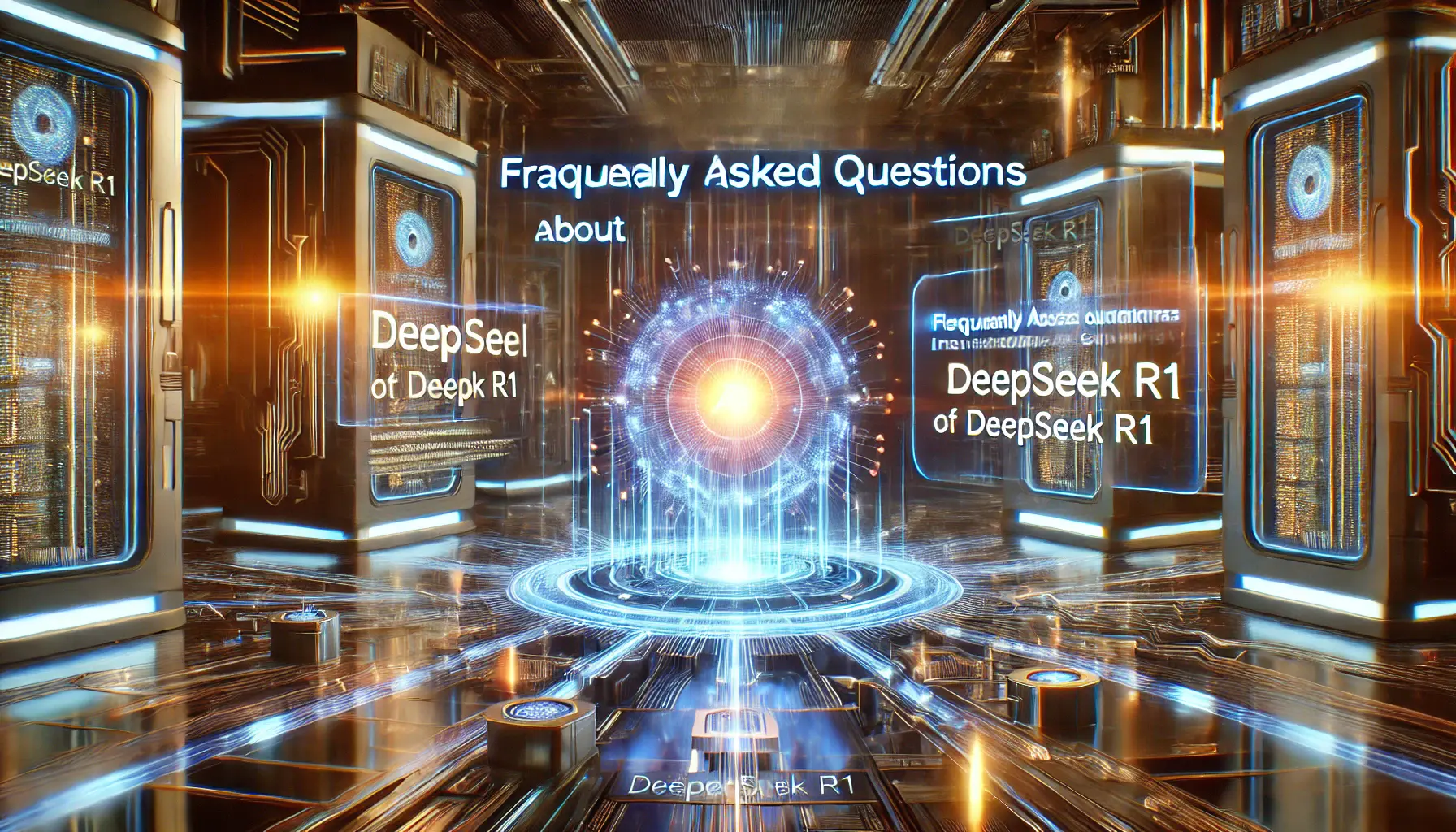 A futuristic AI interface with holographic displays processing various queries about DeepSeek R1, symbolizing the exploration of its features and capabilities.