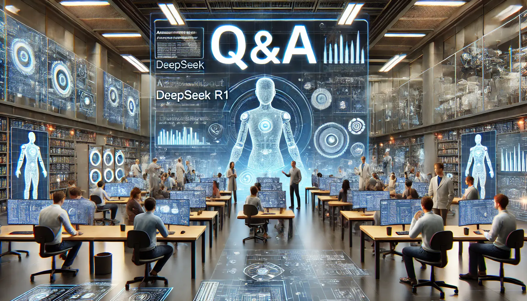 A high-tech AI research lab where engineers and experts interact with holographic displays, analyzing data and answering questions about DeepSeek R1.