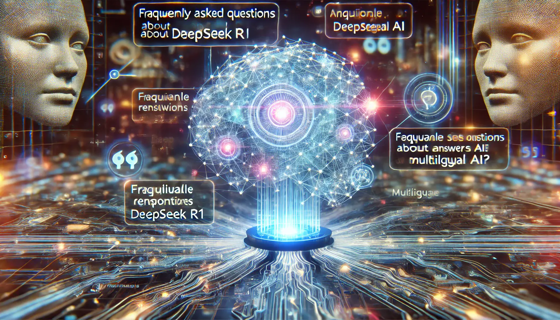 A high-tech digital environment with a neural network and data flows symbolizing AI processing complex queries.